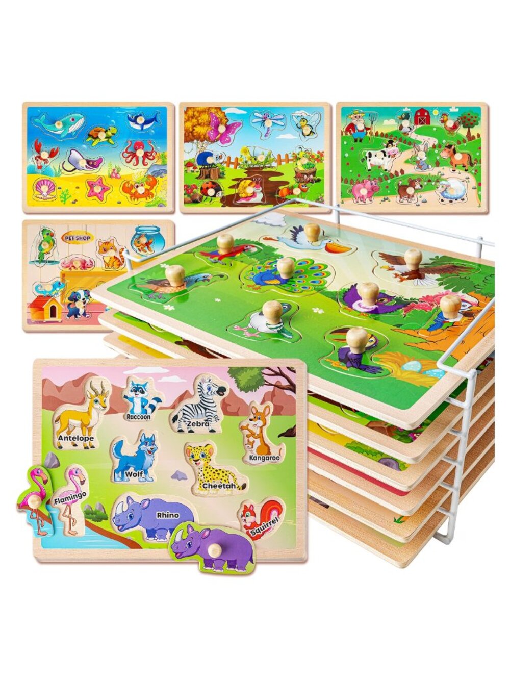 Wooden Toddler Puzzles 6 Set Animals Educational Montessori Toy with Rack